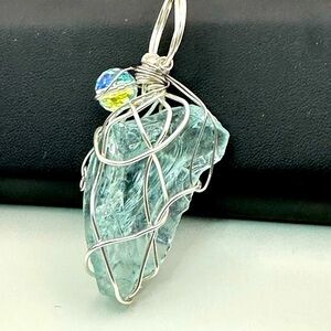 Beach glass pendant Silver Wire Wrapped Necklace with Natural Stone 4134